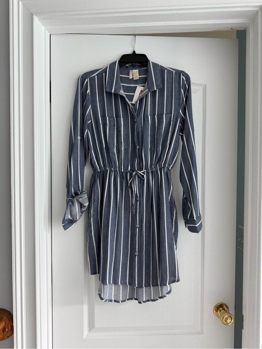 Japna Navy and White Striped Long Sleeve Shirt Dress